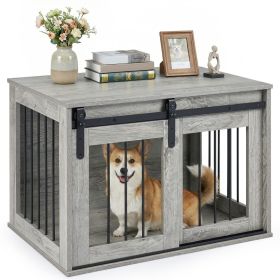 Dog Crate Furniture Heavy Duty Dog Kennel with Sliding Barn Door (Color: Grey)